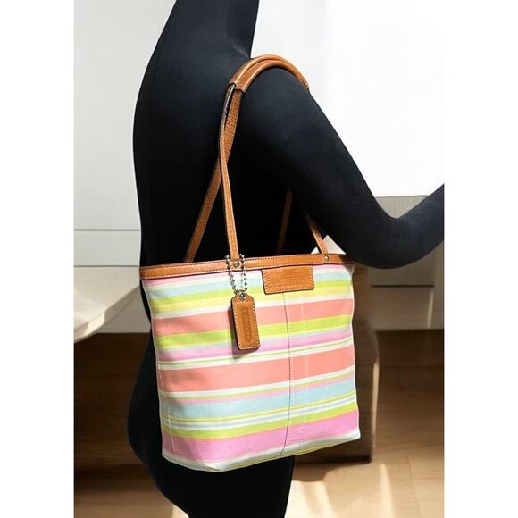 Y2K Coach F13552 Hamptons Twill Stripe Tote Bag & Graffiti Script Large Wristlet - Picture 11 of 16
